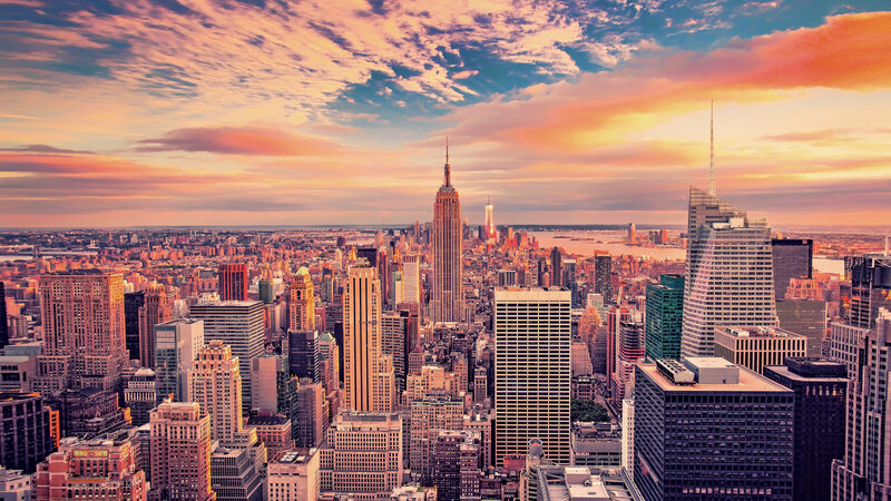 Manhattan Skyline at Sunset — Orange, Dramatic, Photograph, Skyscrapers, Clouds, River