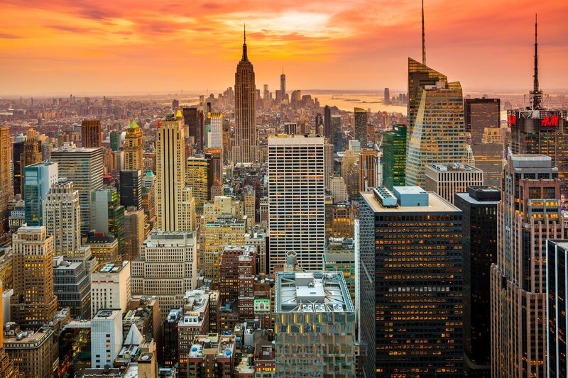 Manhattan Skyline at Sunset — Orange, Dramatic, Photograph, Skyscrapers, Empire State Building, River