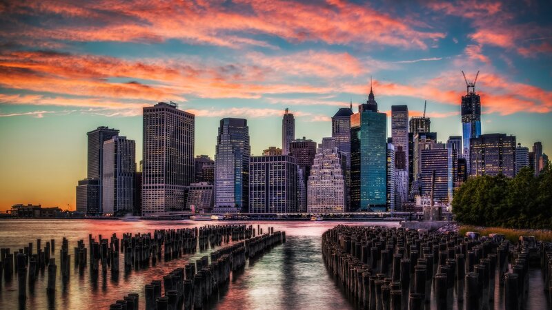 Manhattan Skyline at Sunset — Orange, Dramatic, Photograph, Skyscrapers, River