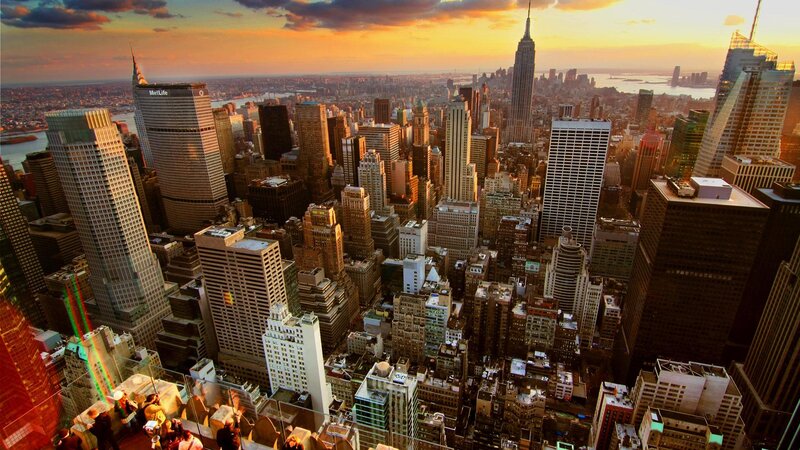 Manhattan Skyline at Sunset — Orange, Dramatic, Photograph, Skyscrapers