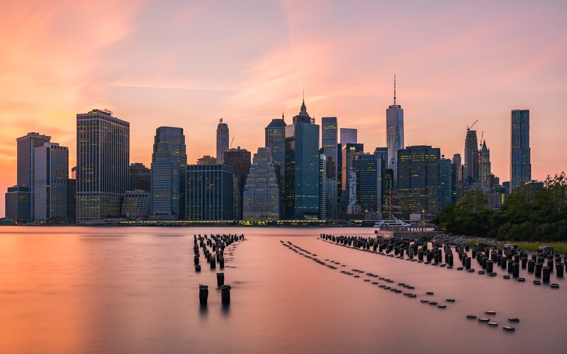 Manhattan Skyline at Sunset — Orange, Serene, Photograph, Skyscrapers, River