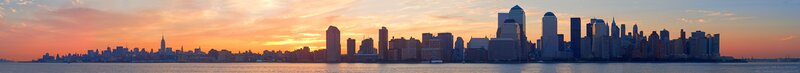 Manhattan Skyline at Sunset — Orange, Serene, Photograph, Skyscrapers, Water