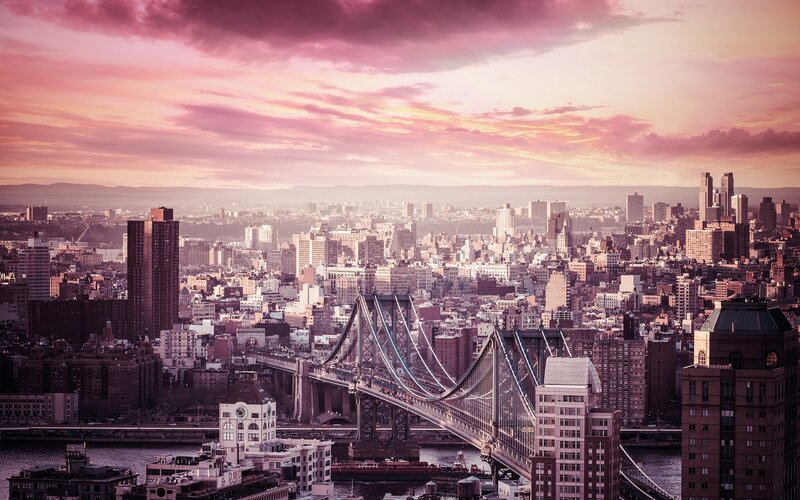 Manhattan Skyline at Sunset — Pink, Dramatic, Photograph, Bridge