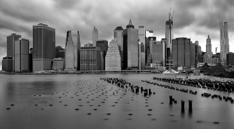 Manhattan Skyline — Black, Dramatic, Photograph, Skyscrapers, Water