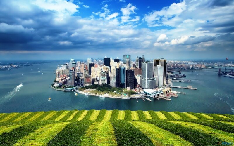 Manhattan Skyline — Blue, Dramatic, Afternoon, Photograph, River