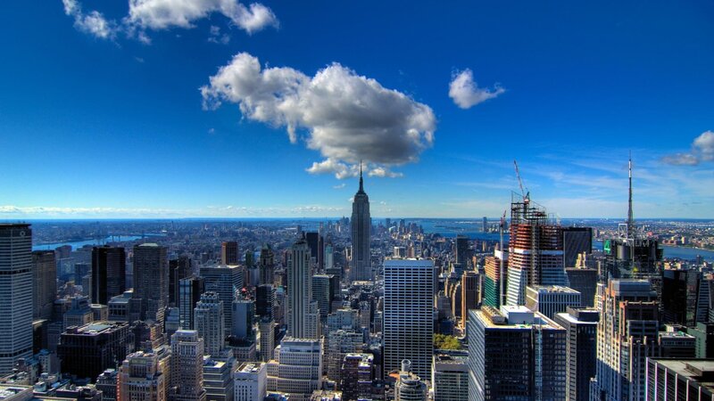 Manhattan Skyline — Blue, Dramatic, Afternoon, Photograph, Skyscrapers, Clouds