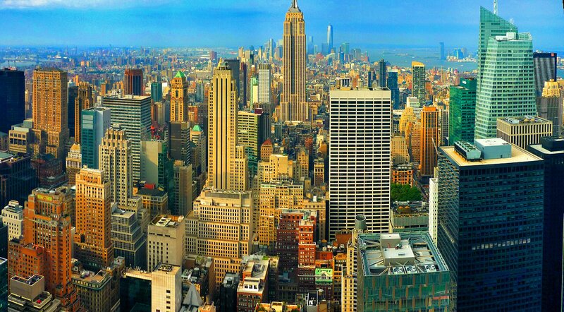 Manhattan Skyline — Blue, Dramatic, Afternoon, Photograph, Skyscrapers, Empire State Building