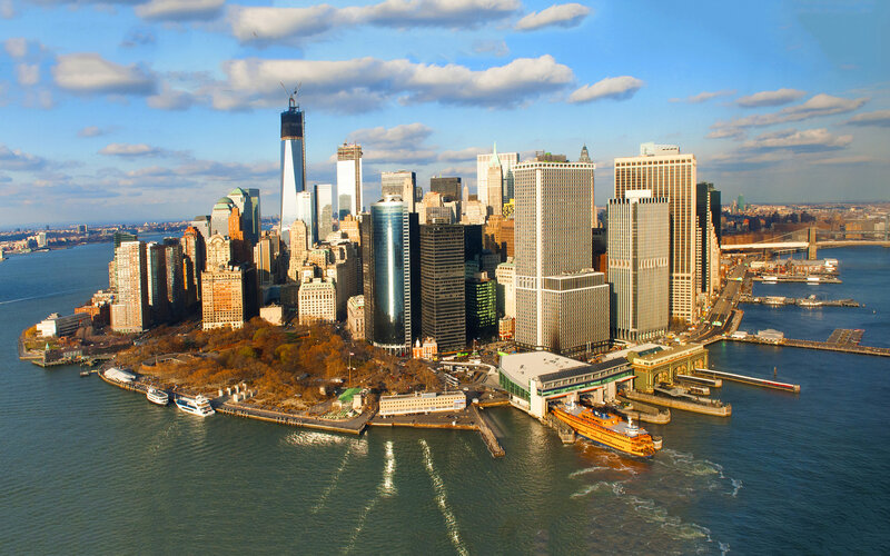 Manhattan Skyline — Blue, Dramatic, Afternoon, Photograph, Skyscrapers, Ferry Boat
