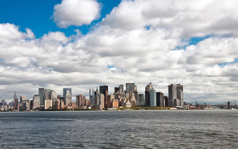 Manhattan Skyline — Blue, Dramatic, Afternoon, Photograph, Skyscrapers, River, Bridge, Clouds