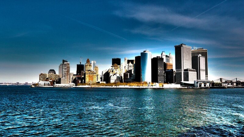 Manhattan Skyline — Blue, Dramatic, Afternoon, Photograph, Skyscrapers, Water, Bridge