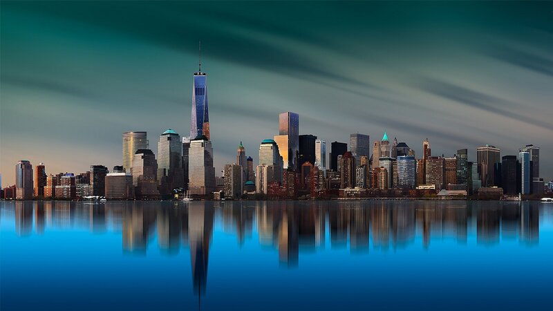 Manhattan Skyline — Blue, Dramatic, Sunset, Photograph, Skyscrapers, Water
