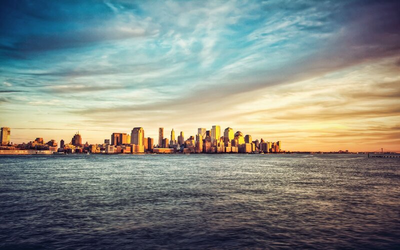 Manhattan Skyline — Blue, Dramatic, Sunset, Photograph, Water