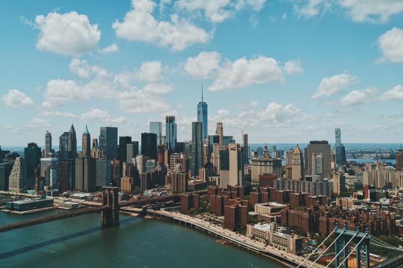 Manhattan Skyline — Blue, Serene, Afternoon, Photograph, Skyscrapers, Bridges