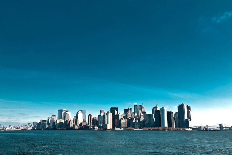 Manhattan Skyline — Blue, Serene, Afternoon, Photograph, Skyscrapers, River, Bridge