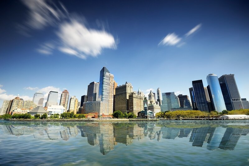 Manhattan Skyline — Blue, Serene, Afternoon, Photograph, Skyscrapers, River, Clouds