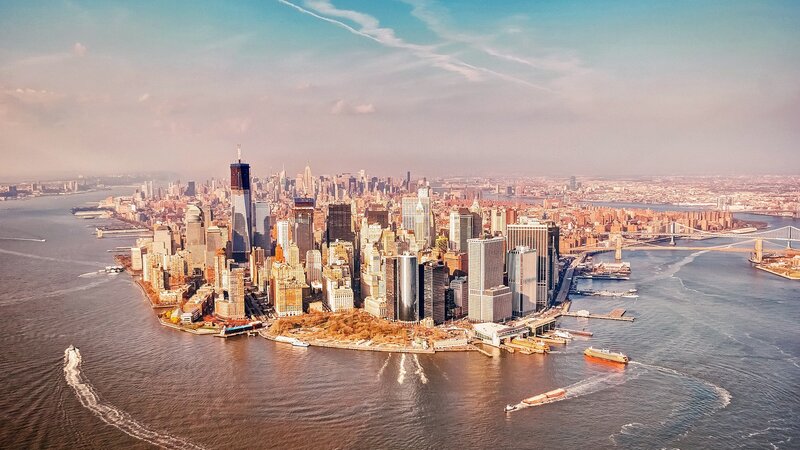 Manhattan Skyline — Blue, Serene, Afternoon, Photograph, Skyscrapers, River