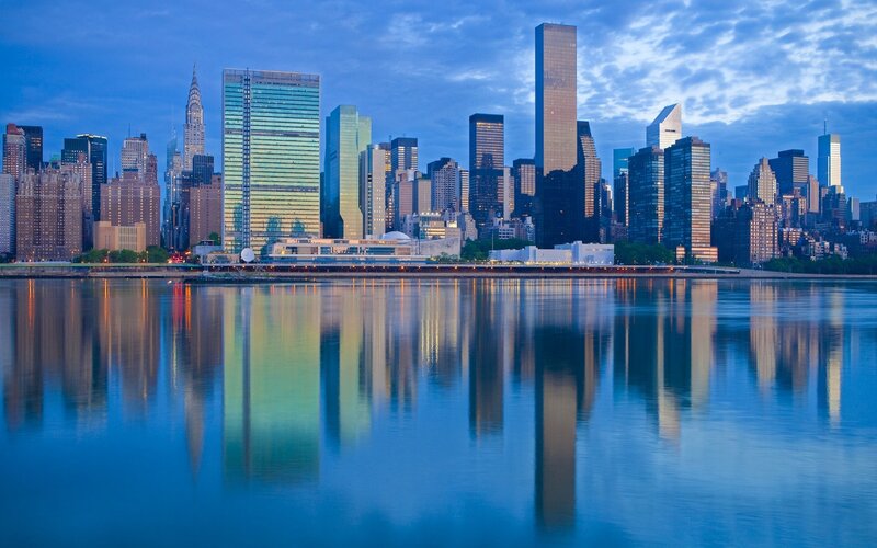 Manhattan Skyline — Blue, Serene, Sunset, Photograph, Skyscrapers, River, Sky