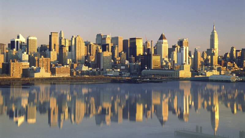 Manhattan Skyline — Blue, Serene, Sunset, Photograph, Skyscrapers, River
