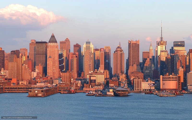 Manhattan Skyline — Blue, Serene, Sunset, Photograph, Skyscrapers, Water, Boats