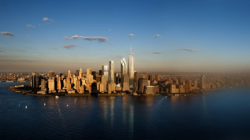 Manhattan Skyline — Blue, Serene, Sunset, Photograph, Skyscrapers, Water