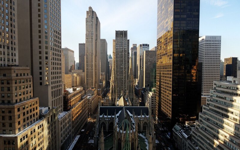 Manhattan skyline with cathedral