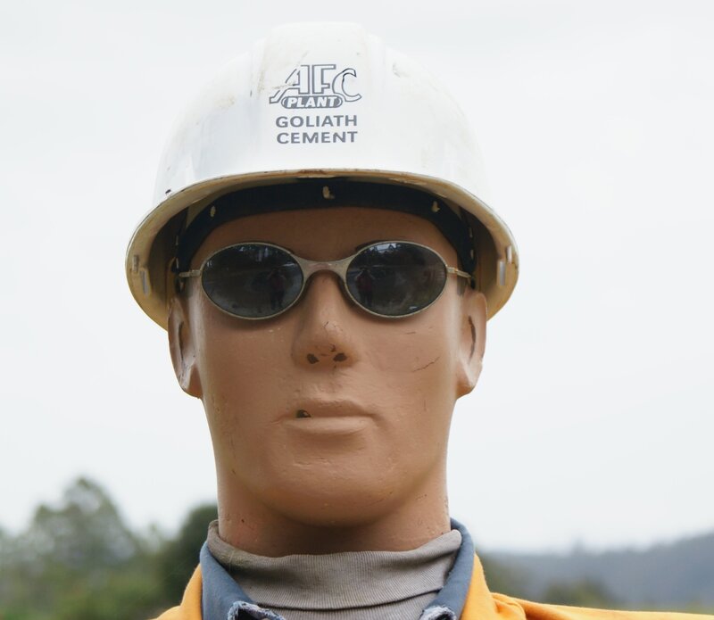 mannequin in hard hat and sunglasses