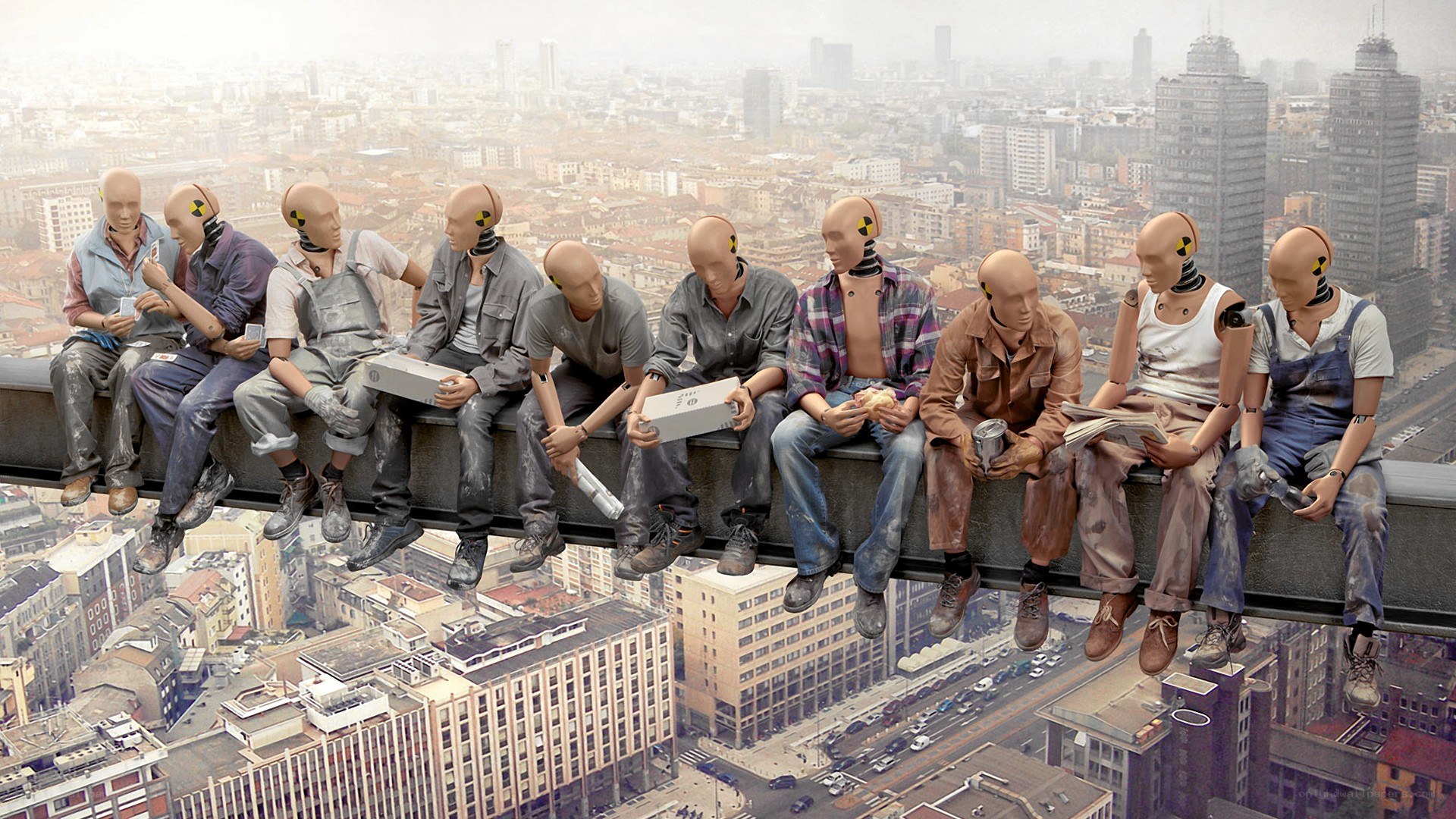 Mannequins on a skyscraper ledge