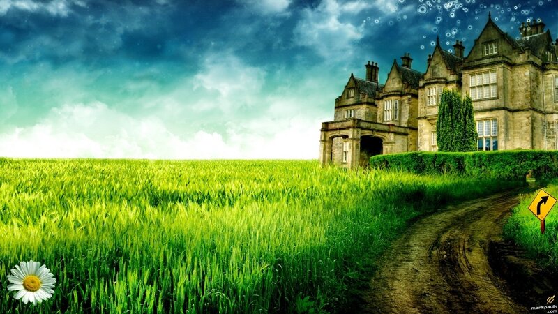 Manor house in green field
