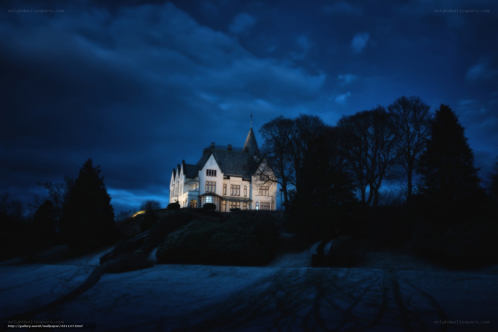 Mansion at night in snow
