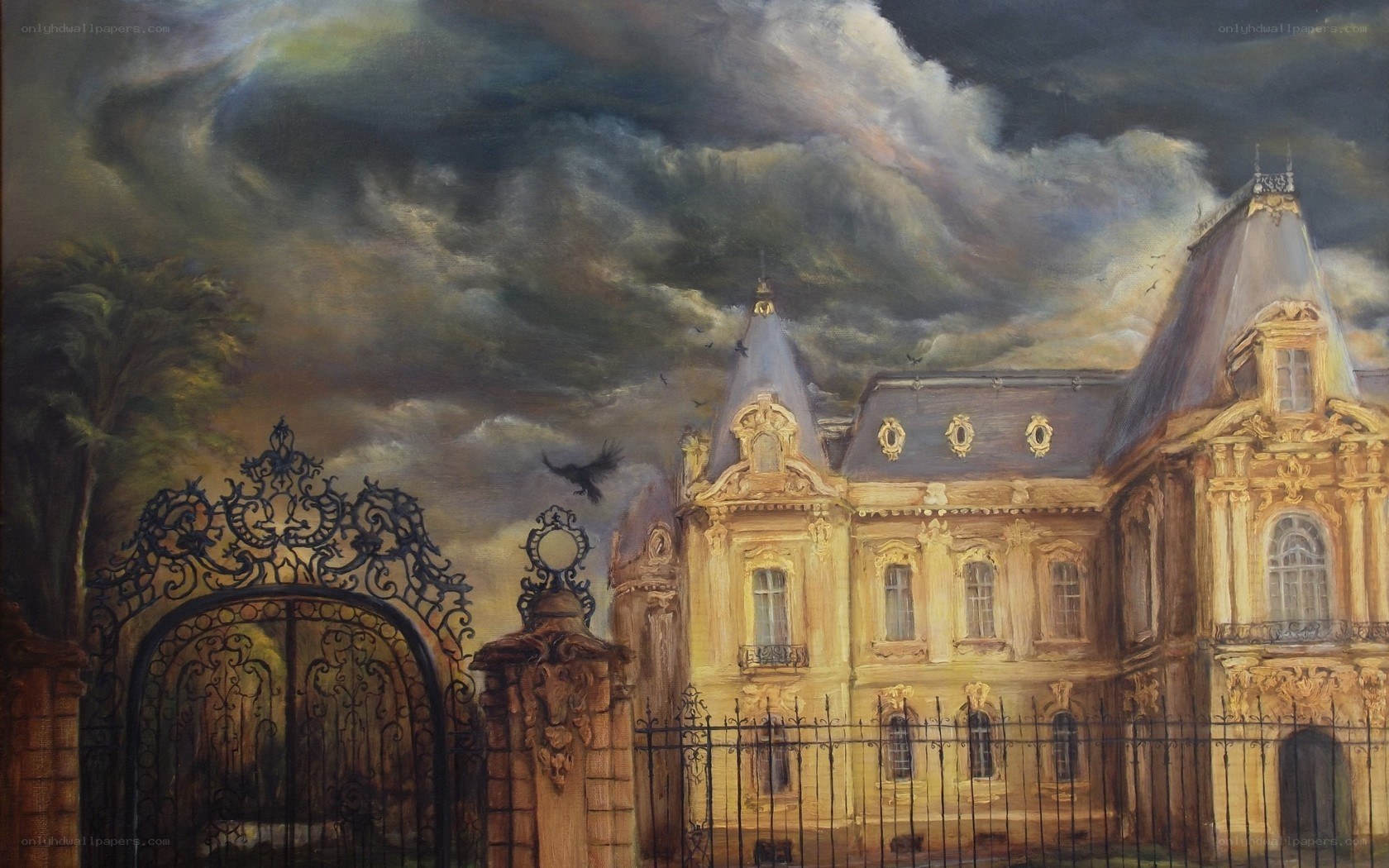 Mansion under stormy sky