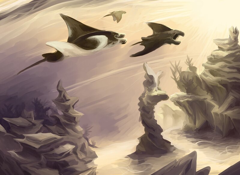 Manta rays in a sunlit reef