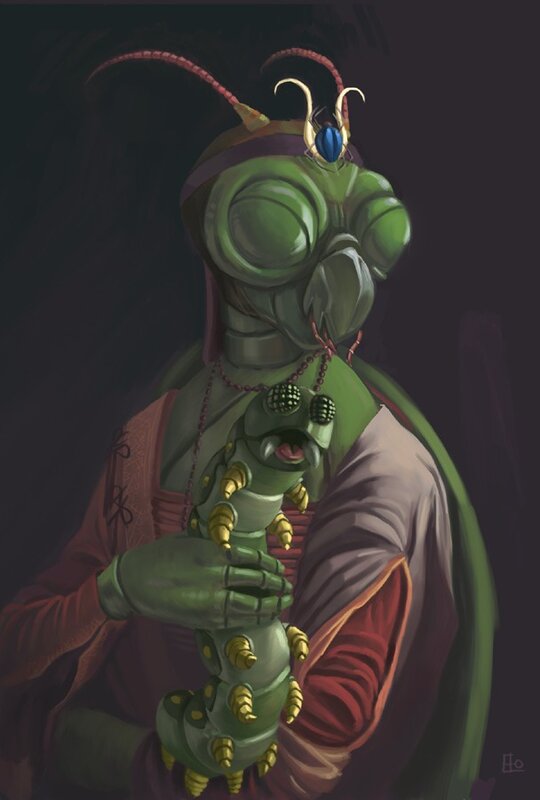 mantis-like creature holding a larva