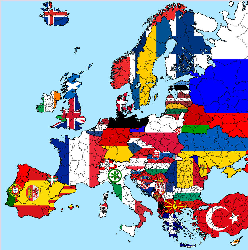 Map of Europe with national flags