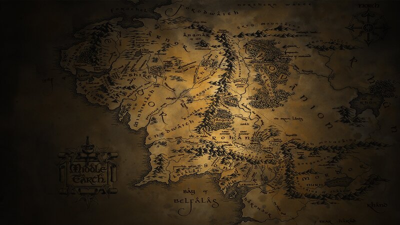 Map of Middle-earth — Brown, Ancient, Illustration, Compass Rose, Text Labels
