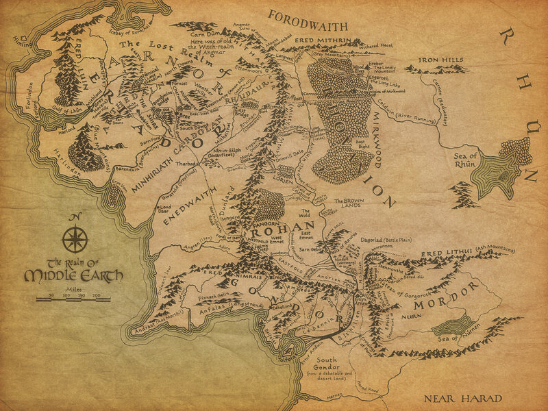 Map of Middle Earth — Brown, Ancient, Illustration, Compass, Scale, Text