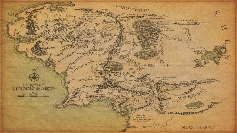 Map of Middle Earth — Brown, Ancient, Illustration, Compass