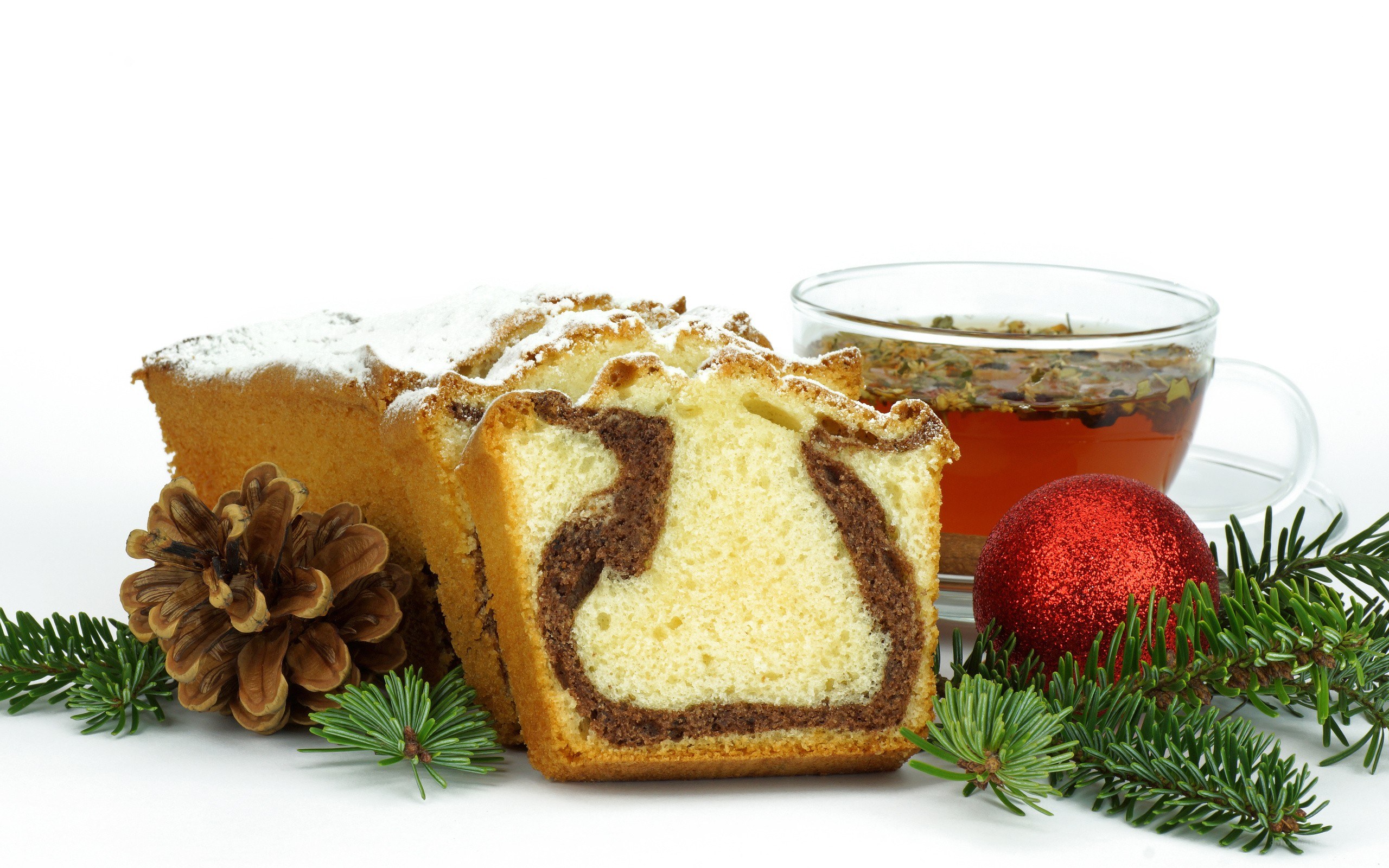marble cake with tea and holiday decor