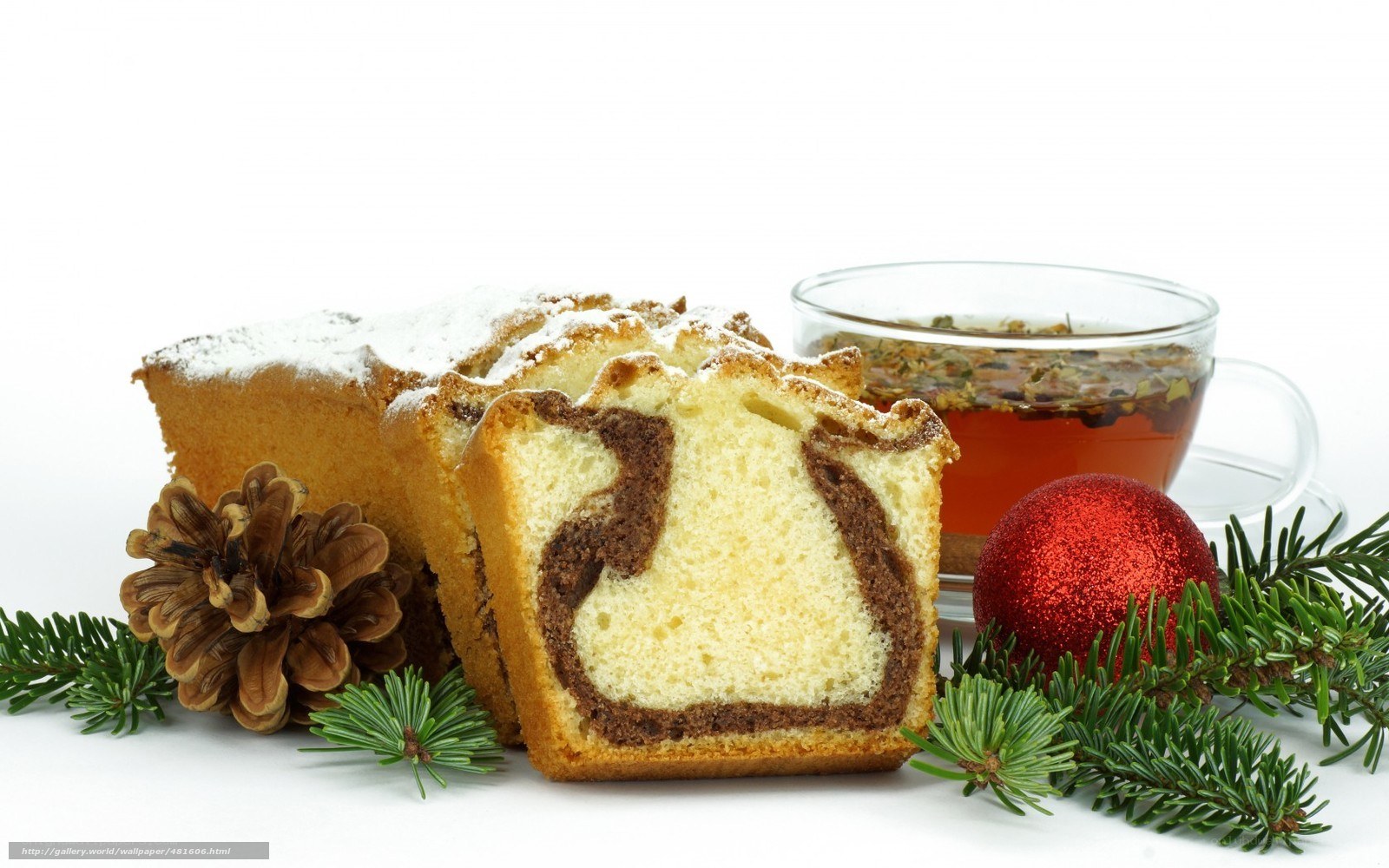marble cake with tea and holiday decor