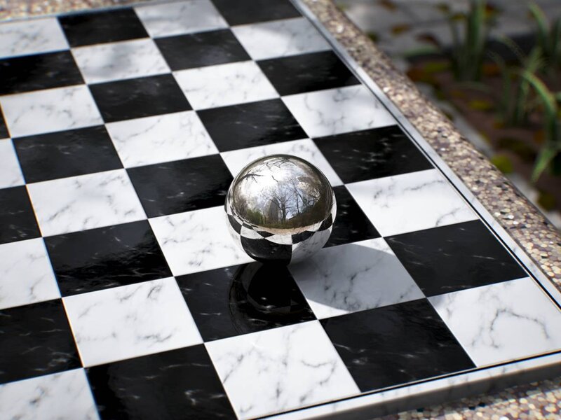 marble chessboard with reflective sphere