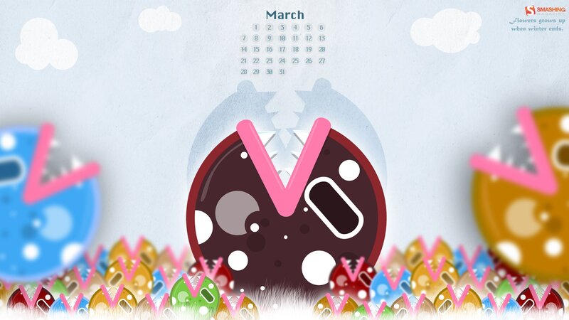 March calendar with colorful creatures