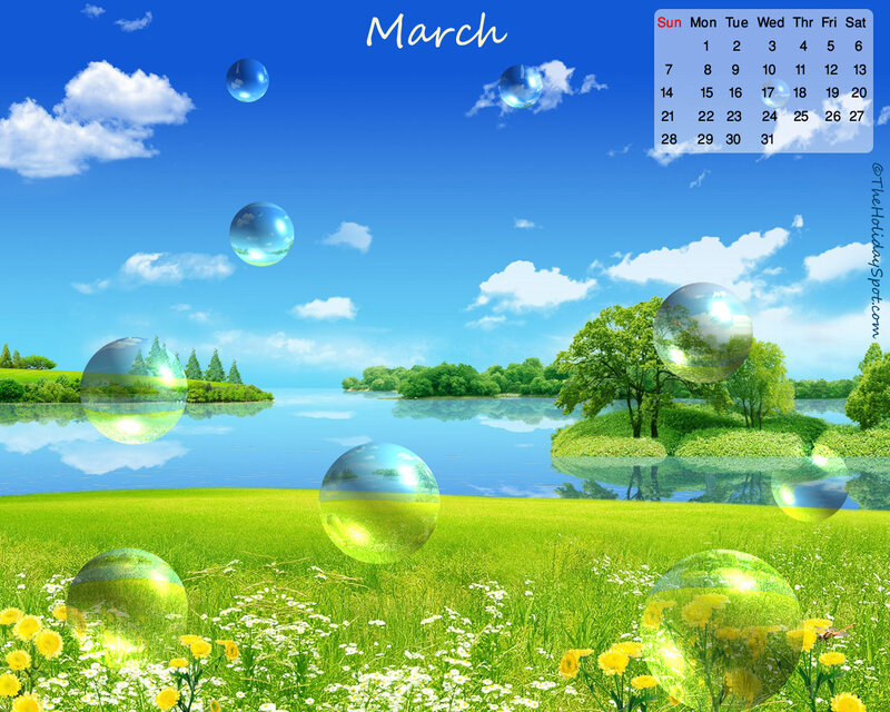 March calendar with nature scene