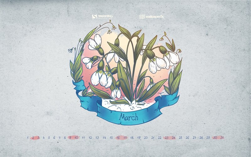 March calendar with snowdrops