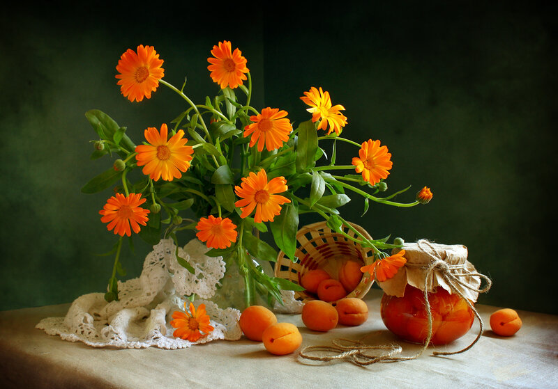 Marigold Flowers and Apricots
