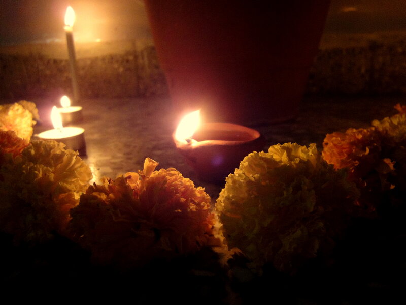 Marigold Flowers and Candles