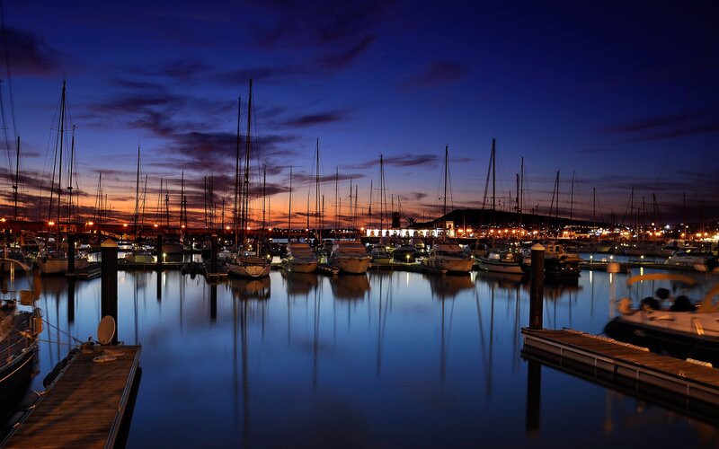 Marina at Dusk — Blue, Serene, Sunset, Photograph, Boats, Docks, Sky