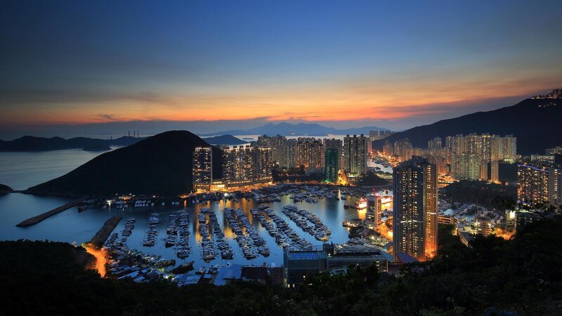 Marina at Dusk — Blue, Serene, Sunset, Photograph, City Skyline