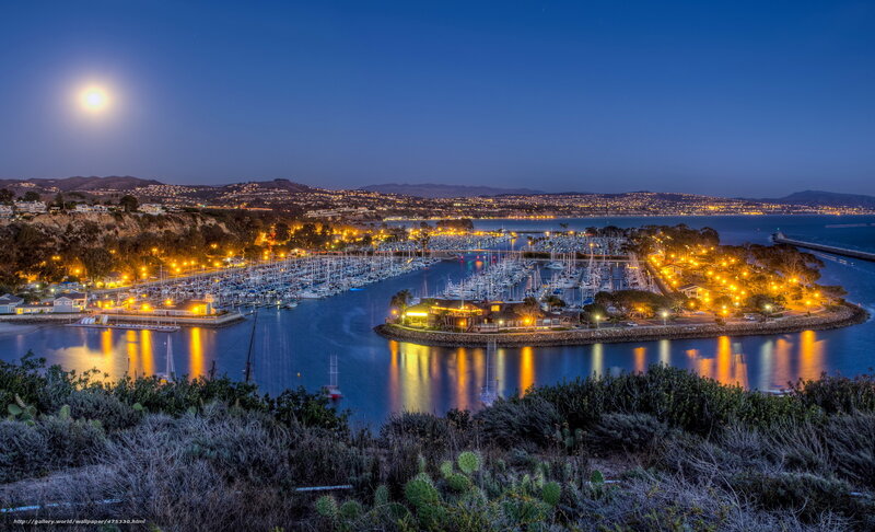 Marina at Night — Blue, Serene, Photograph, Moon