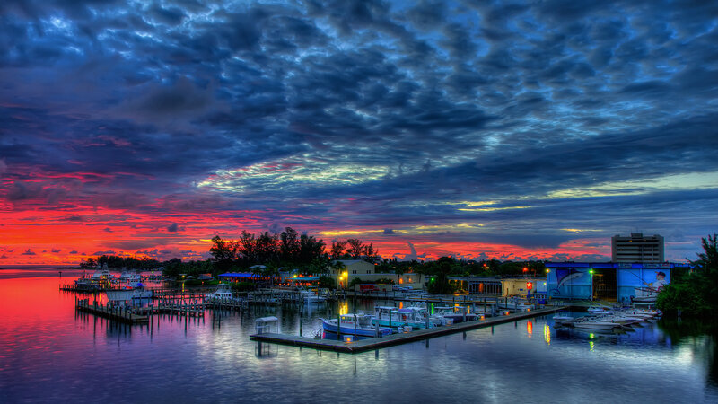 Marina at Sunset — Blue, Dramatic, Photograph, Boats, Docks