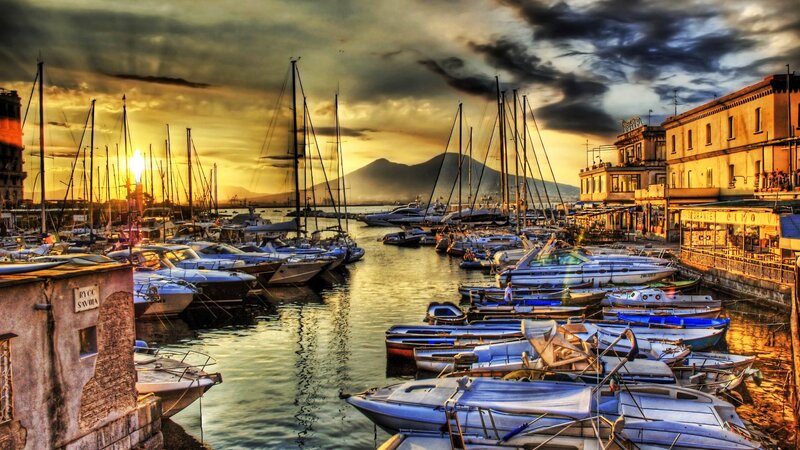 Marina at Sunset — Blue, Dramatic, Photograph, Boats, Mountain
