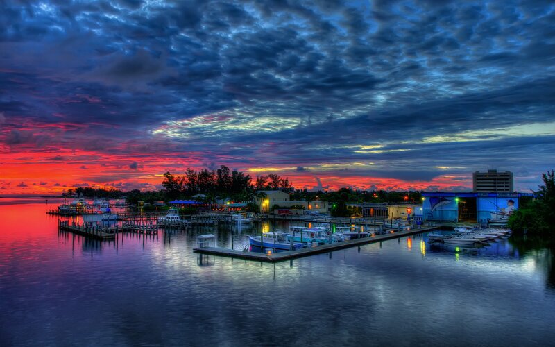 Marina at Sunset — Blue, Dramatic, Photograph, Boats